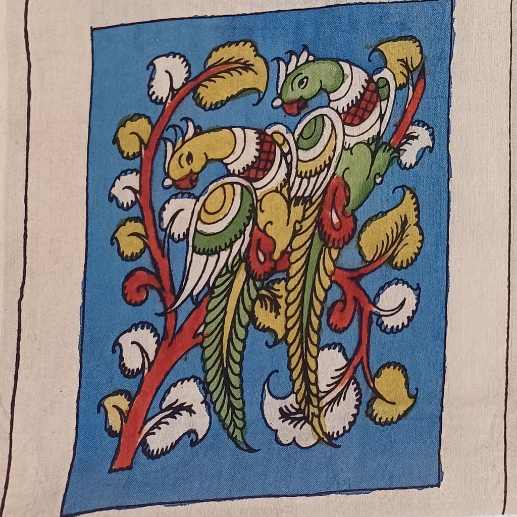 Blue Kalamkari Bangalore Silk cloth patch with placement pattern and border