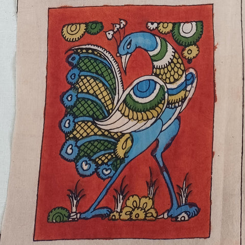 Red Kalamkari Bangalore Silk fabric piece with figurative design and border detail