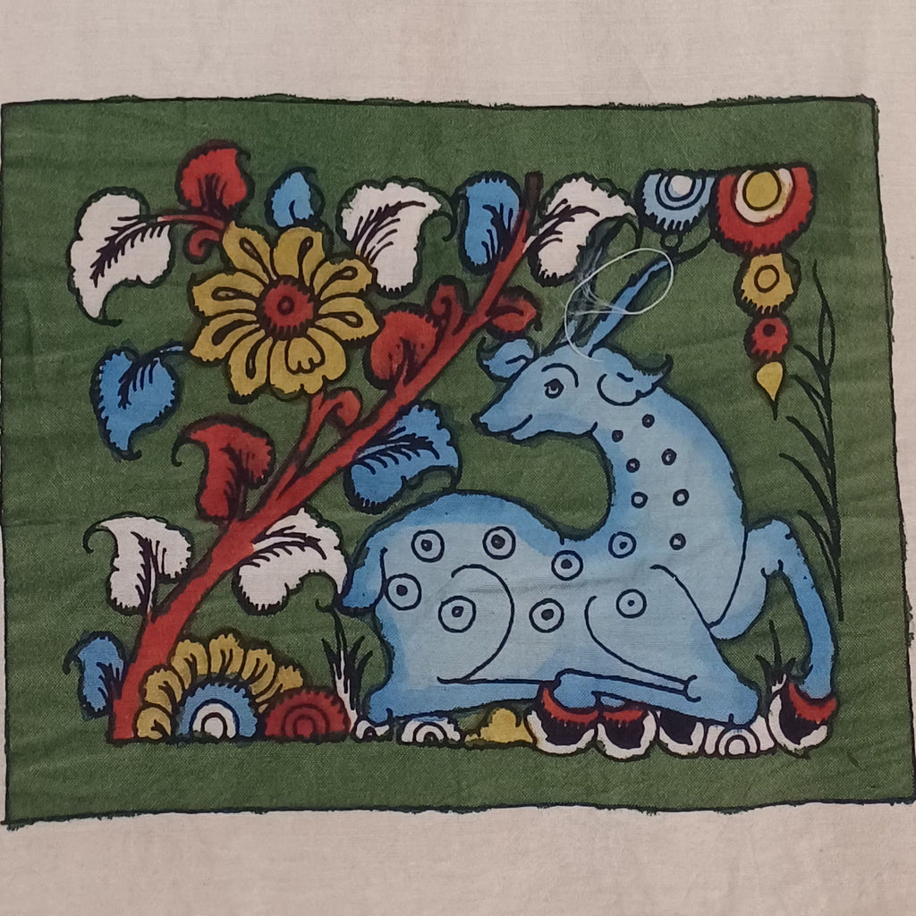 Green Kalamkari silk cloth patch with placement pattern and border