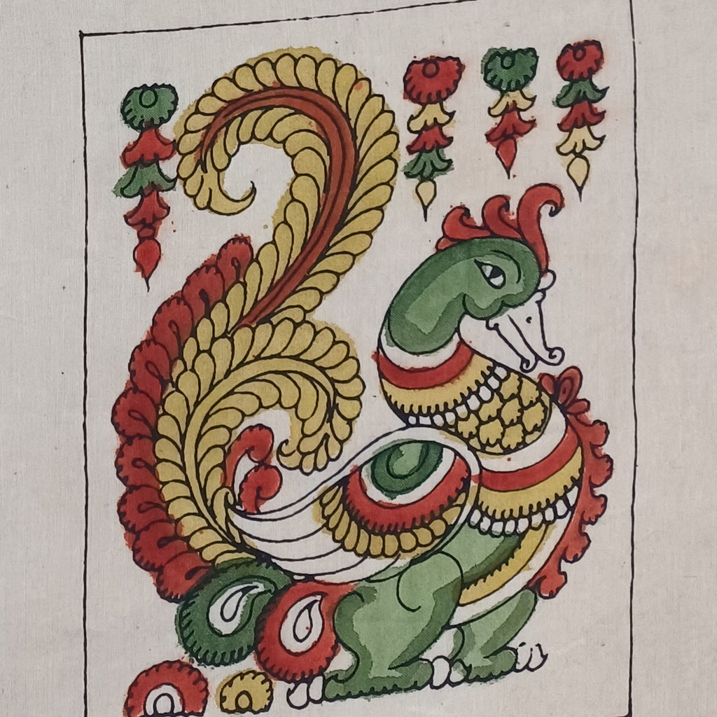 Multicolor Kalamkari figurative fabric piece with a border