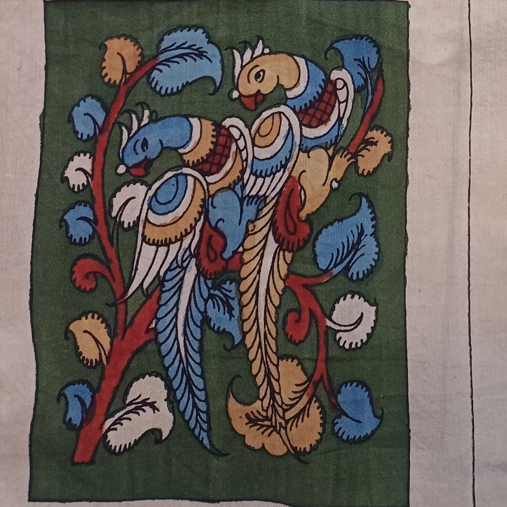 Green Kalamkari Bangalore Silk fabric piece with figurative design and border