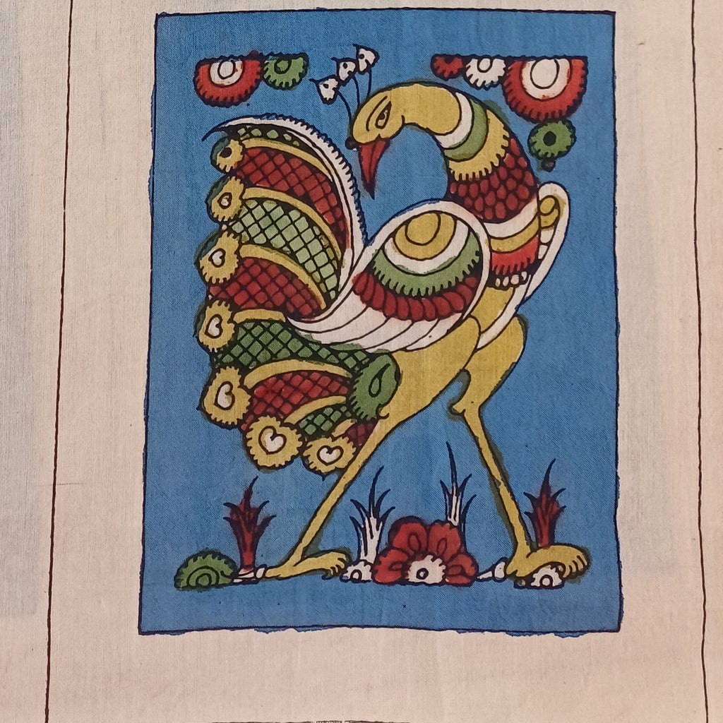 Blue Kalamkari Bangalore Silk patch pen 9011 with figurative pattern and border detail