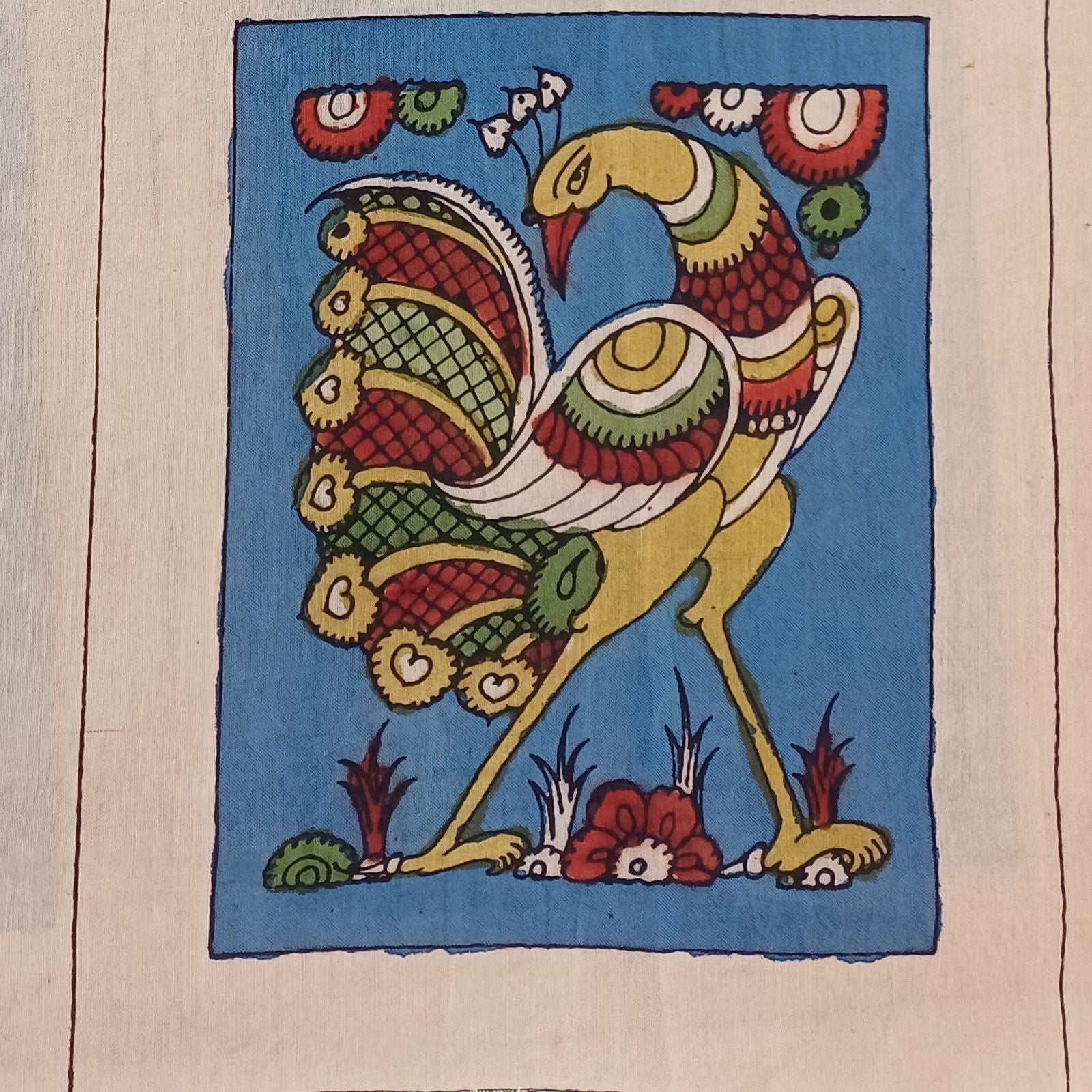Blue Kalamkari Bangalore Silk patch pen 9011 with figurative pattern and border detail