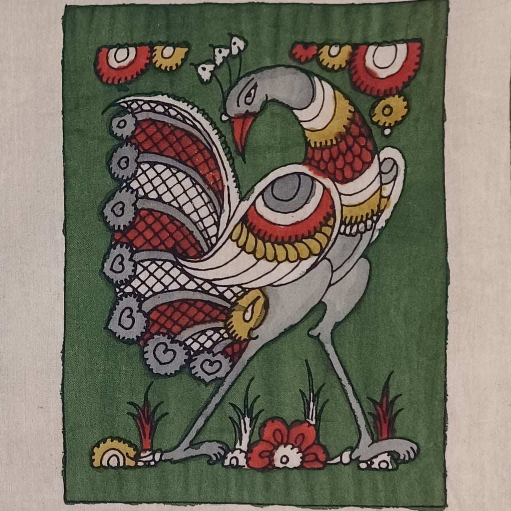 Green Kalamkari Bangalore Silk fabric piece with placement pattern and border