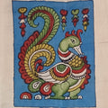 Blue Kalamkari Bangalore Silk fabric piece with figurative pattern and border