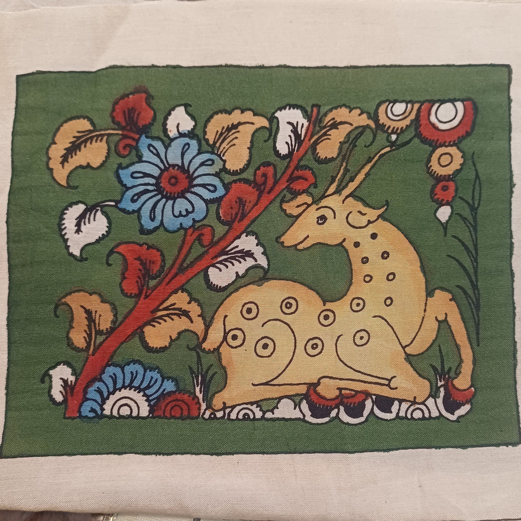 Green Kalamkari Bangalore Silk Cloth fabric piece with placement pattern and border