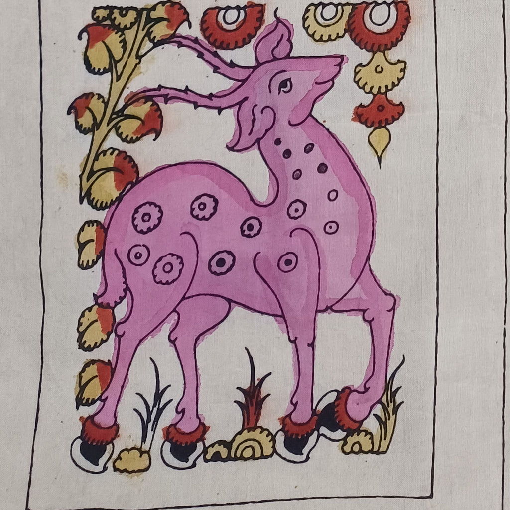 Pink Kalamkari Bangalore Silk fabric piece with figurative pattern and border detail