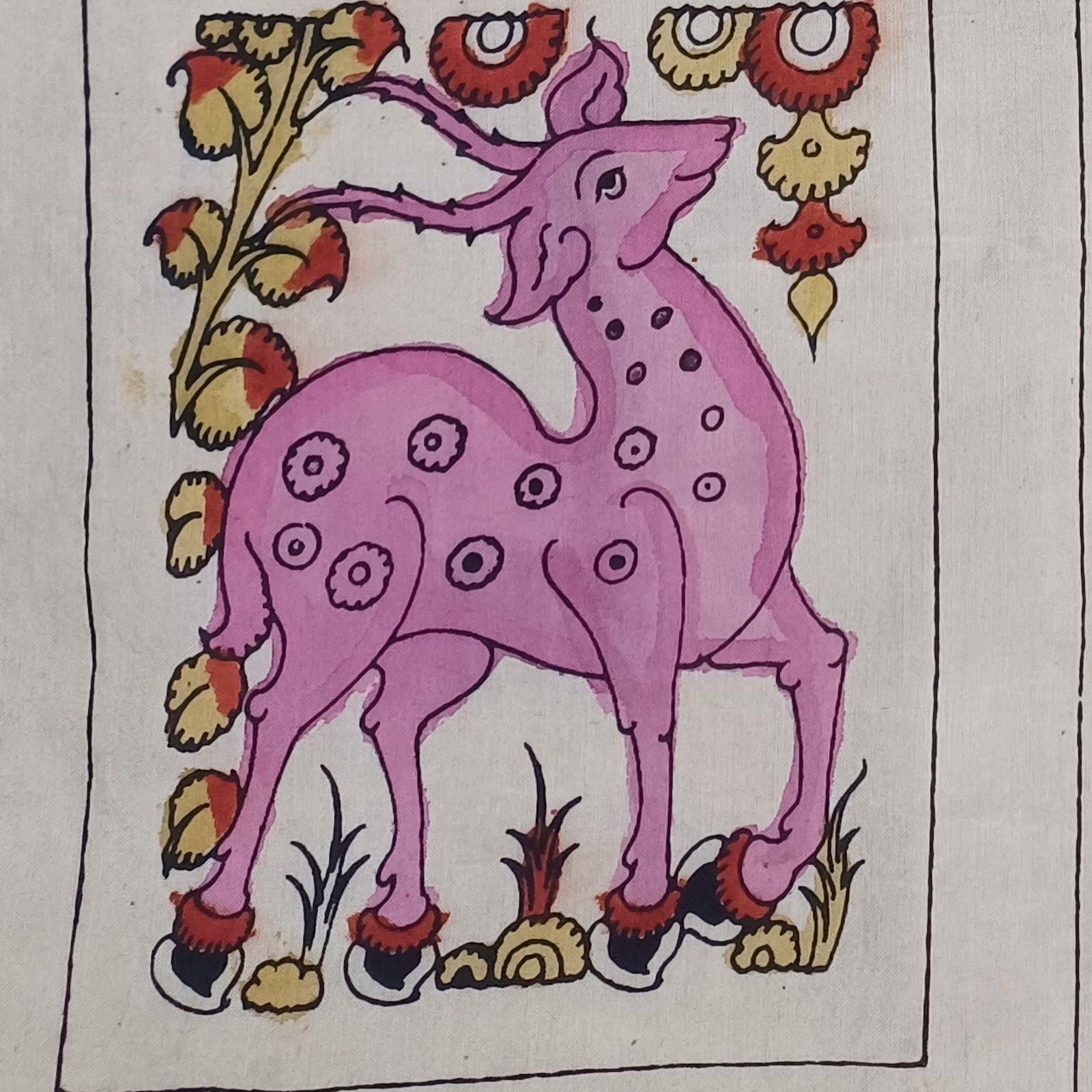 Pink Kalamkari Bangalore Silk fabric piece with figurative pattern and border detail