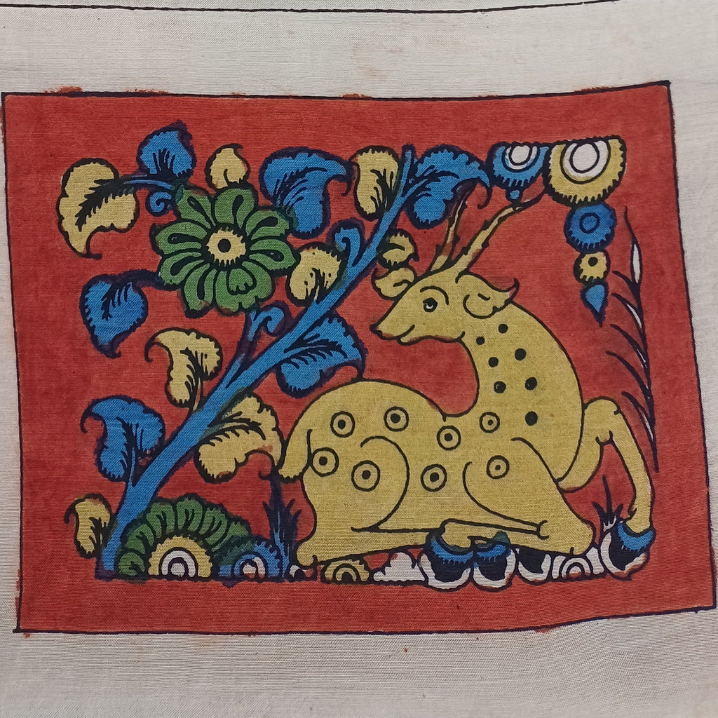 Red Kalamkari Bangalore Silk cloth patch with placement pattern and border