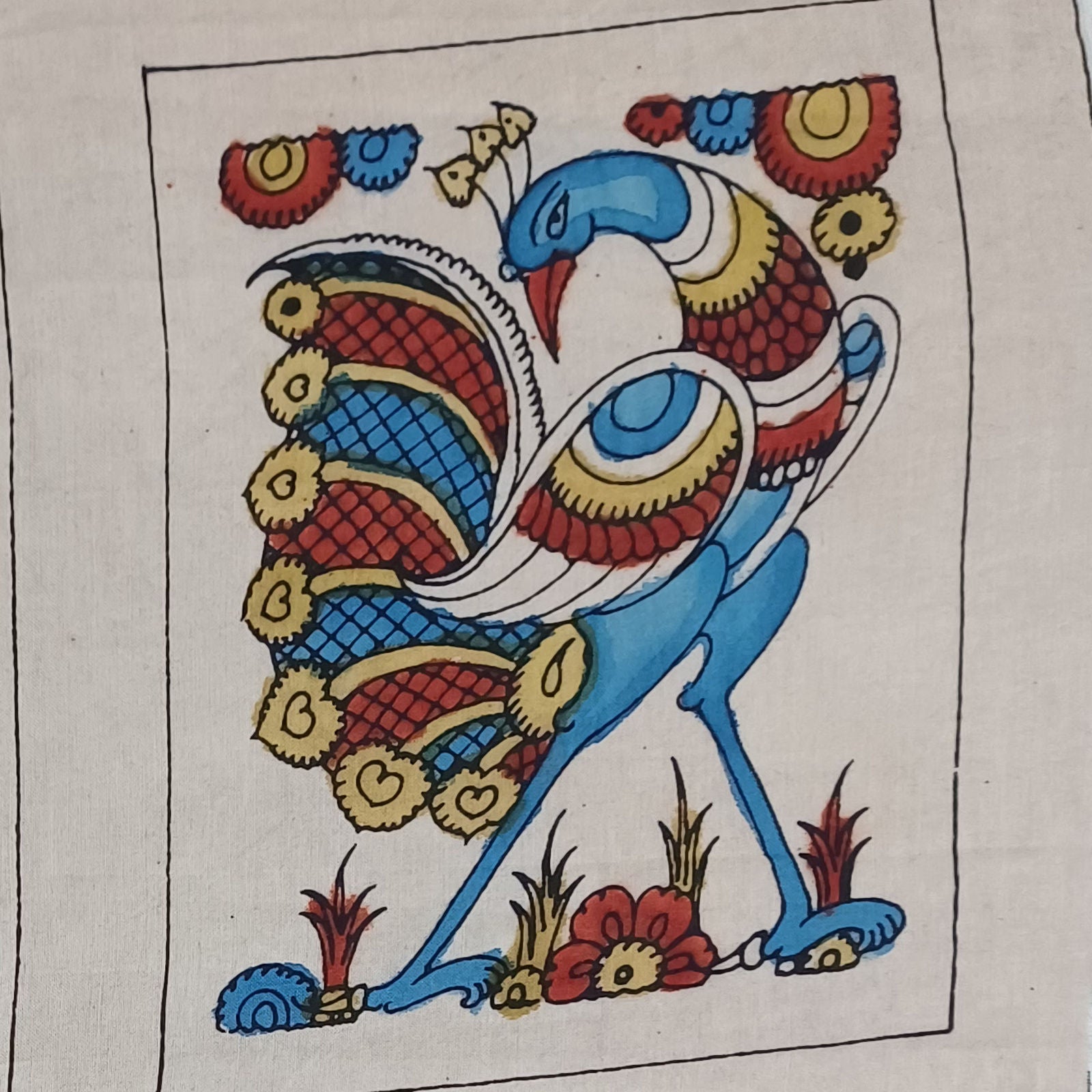 Multicolor Kalamkari Bangalore Silk fabric piece with figurative pattern and border
