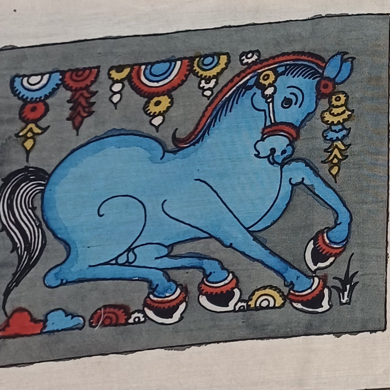 Blue Kalamkari Bangalore Silk fabric piece with a figurative design