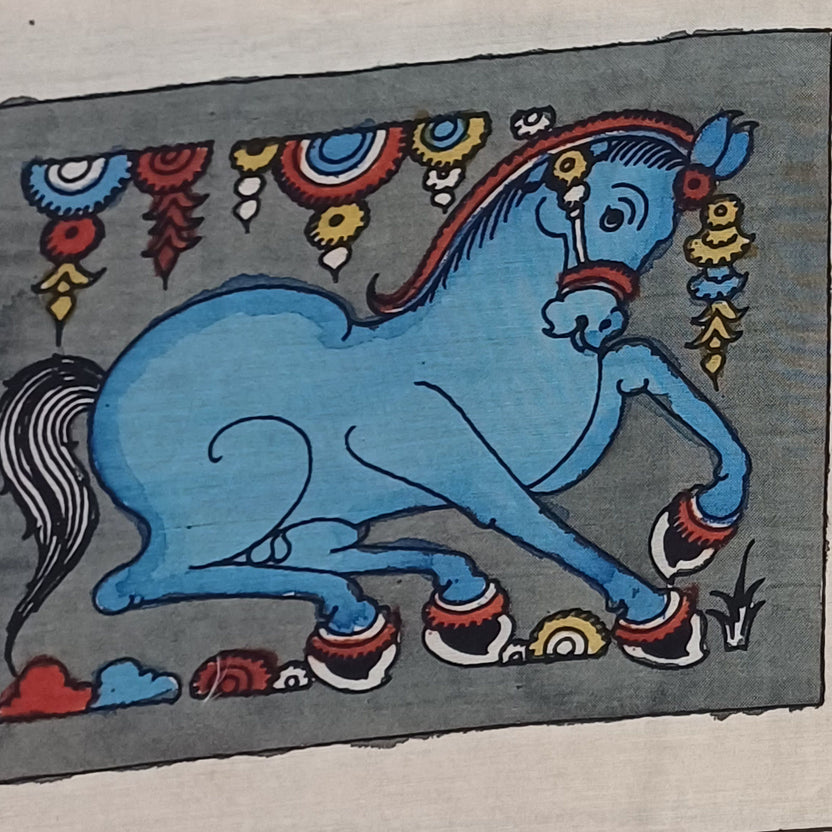 Blue Kalamkari Bangalore Silk fabric piece with a figurative design