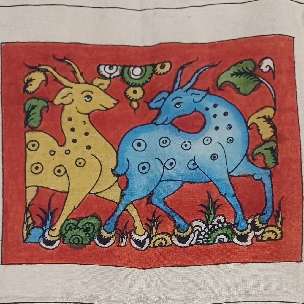 Red Kalamkari Bangalore silk cloth patch pen with figurative pattern and border