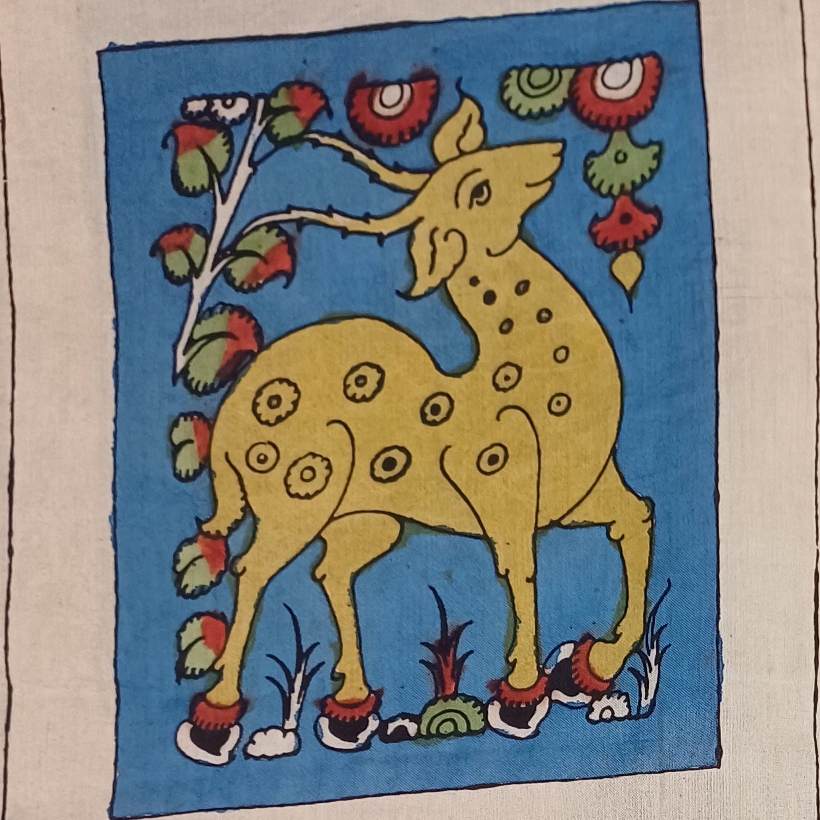 Blue Kalamkari Bangalore silk cloth piece with figurative pattern and border detail
