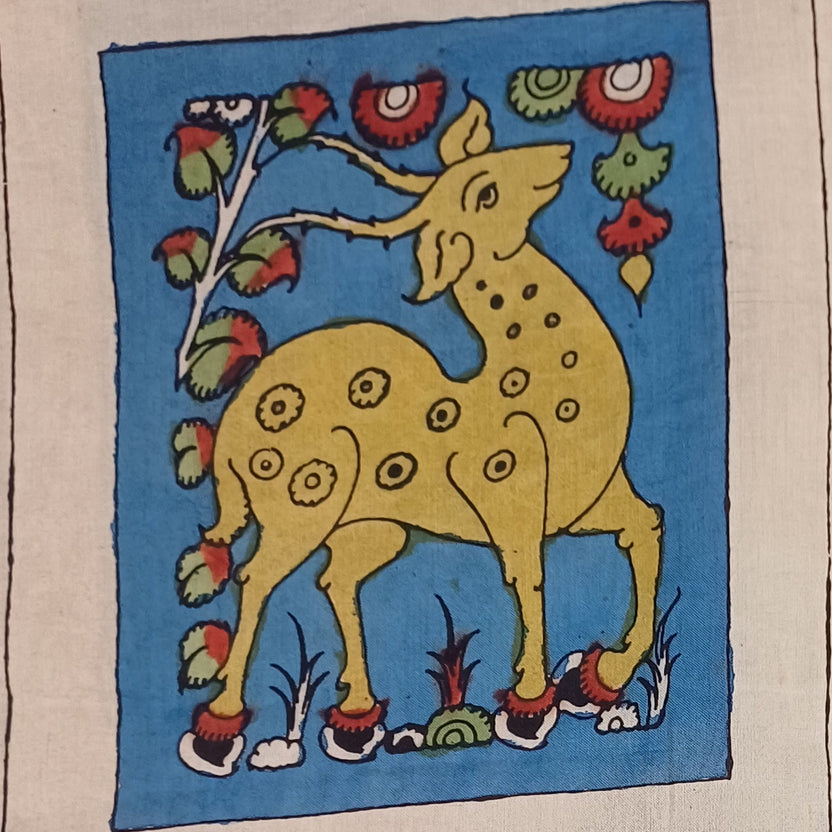 Blue Kalamkari Bangalore silk cloth piece with figurative pattern and border detail