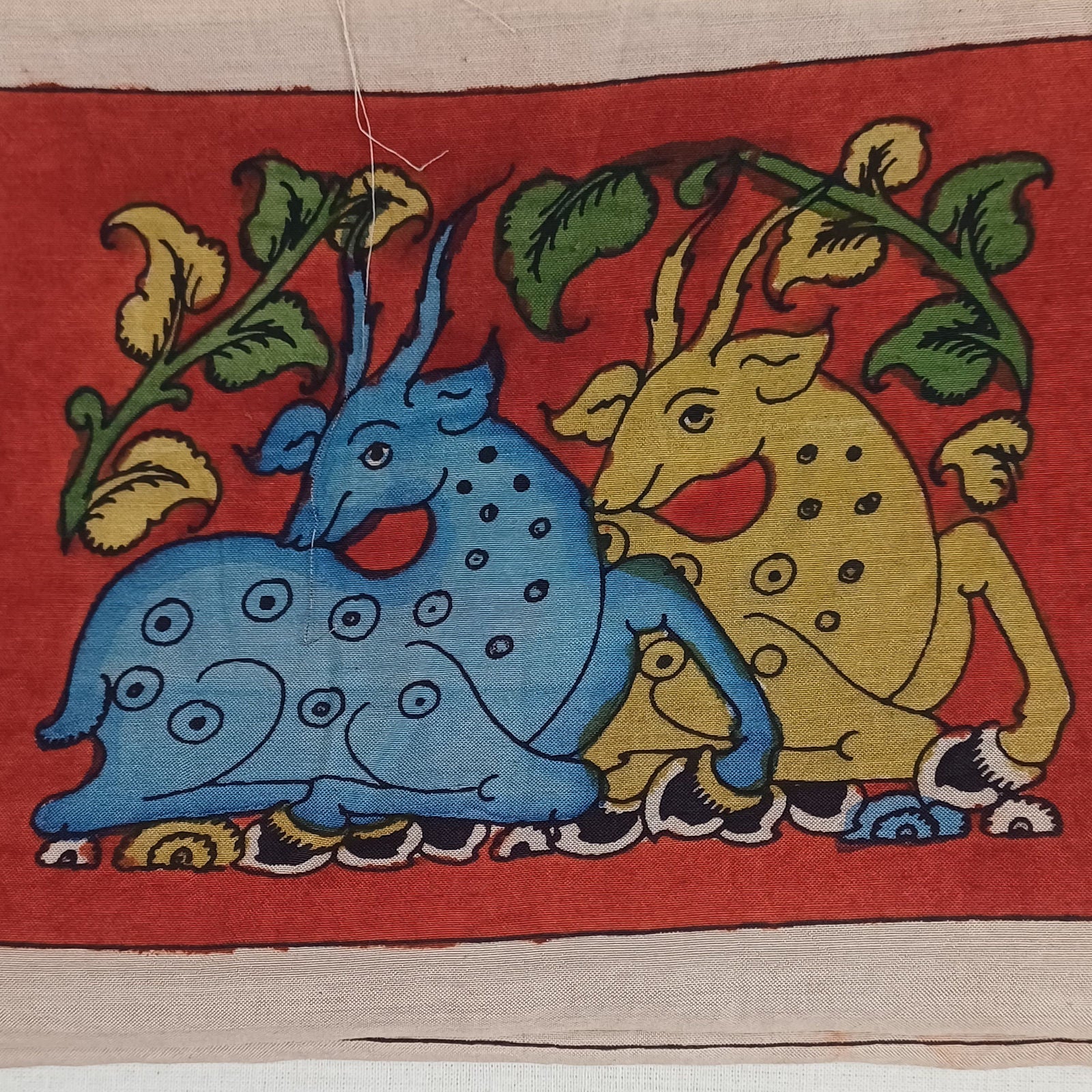 Red Kalamkari Bangalore Silk fabric patch with figurative design and border