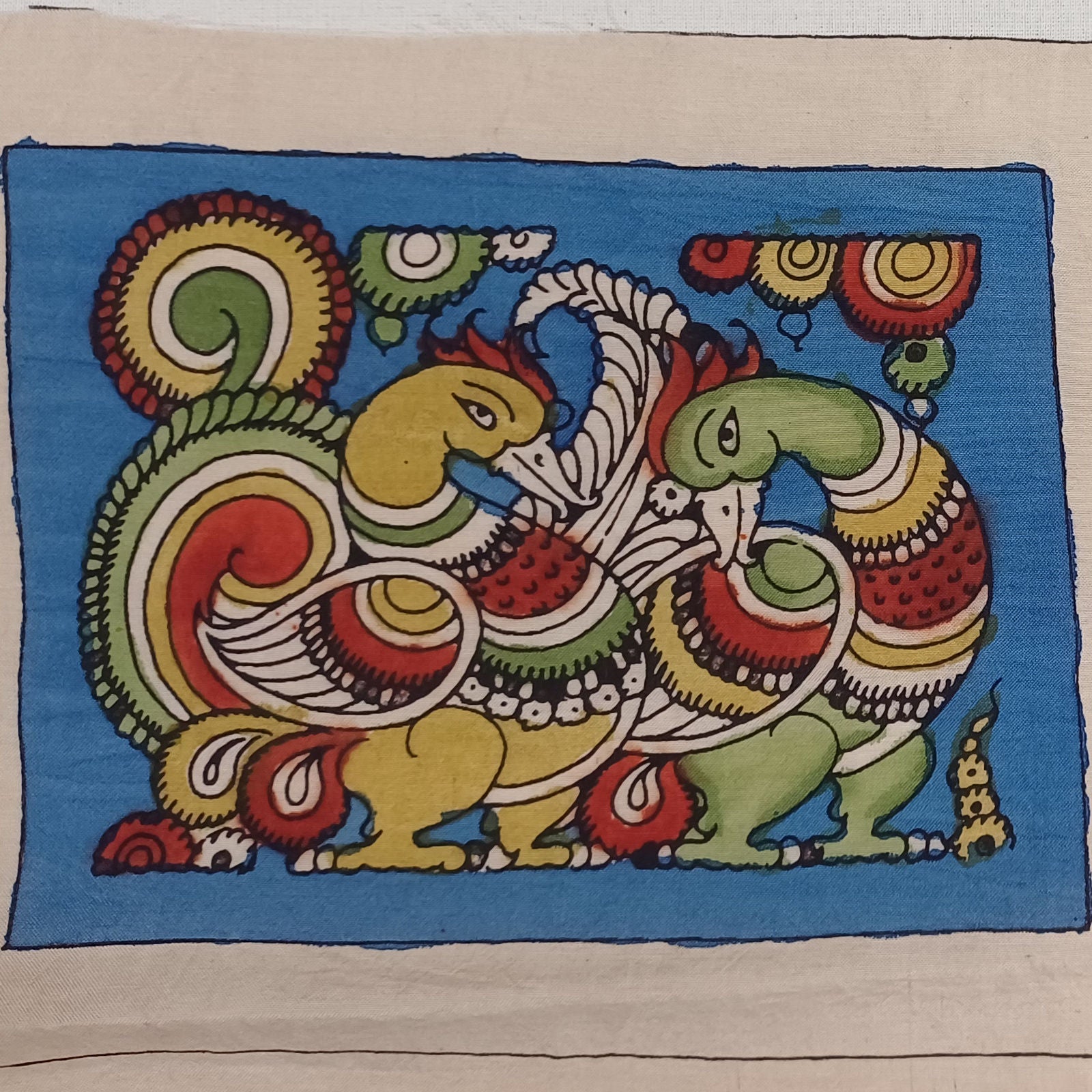 Blue Kalamkari Bangalore silk cloth patch pen with placement pattern and border detail