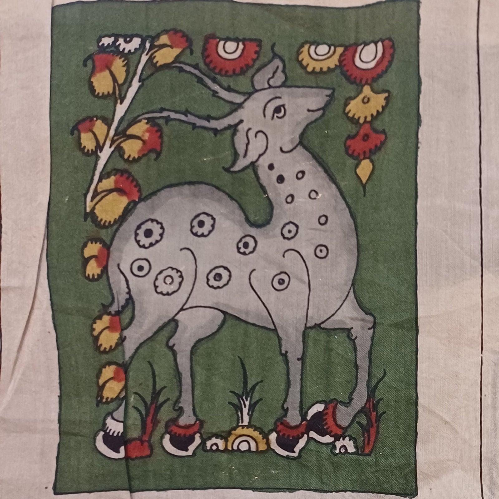 Green Kalamkari Bangalore Silk cloth fabric piece with a placement pattern and border, Design 9048