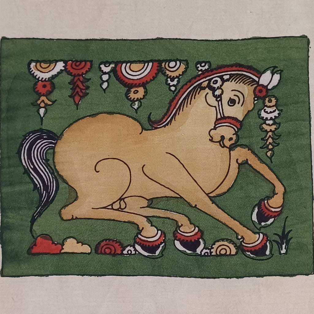 Green Kalamkari Bangalore Silk fabric piece with figurative design and border