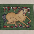 Green Kalamkari Bangalore Silk fabric piece with figurative design and border