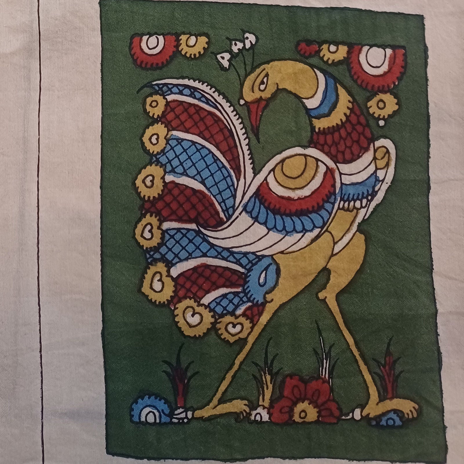 Green Kalamkari Bangalore Silk cloth patch with figurative design and border