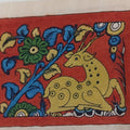 Red Kalamkari Bangalore Silk fabric piece with placement pattern and border