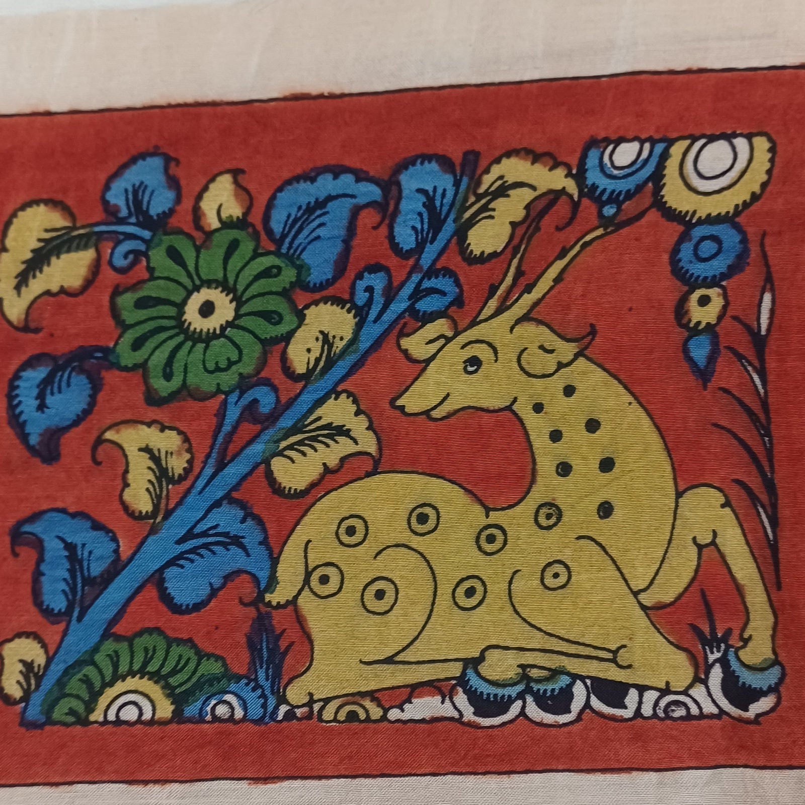 Red Kalamkari Bangalore Silk fabric piece with placement pattern and border