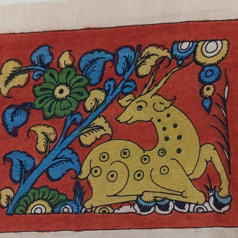 Red Kalamkari Bangalore Silk fabric piece with placement pattern and border