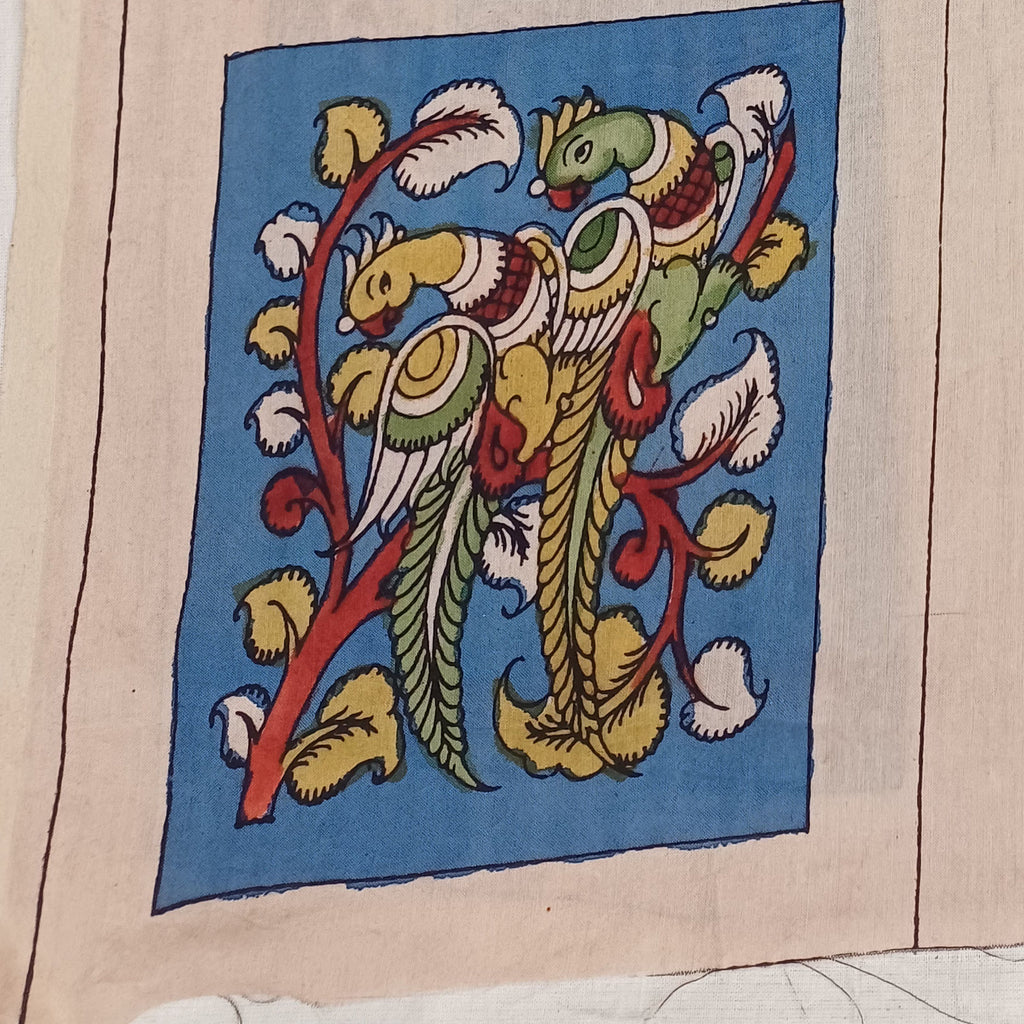 Blue Kalamkari Bangalore Silk fabric piece with figurative pattern and border