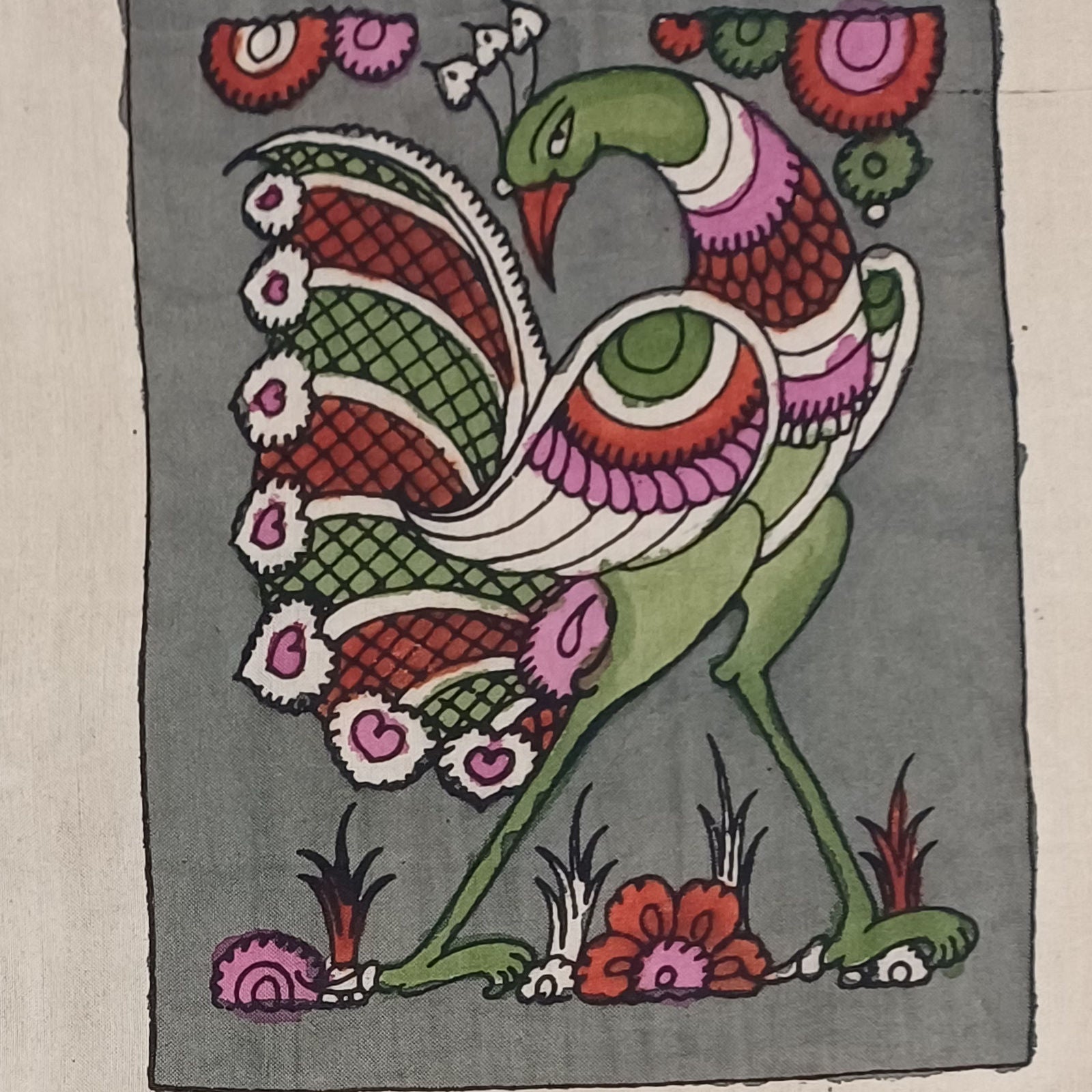 Grey Kalamkari Bangalore Silk fabric piece with a placement pattern and border detail