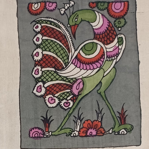Grey Kalamkari Bangalore Silk fabric piece with a placement pattern and border detail