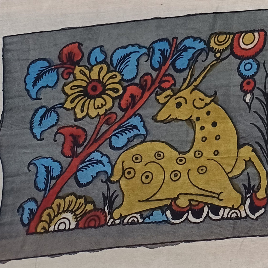 Grey Kalamkari Bangalore Silk cloth patch with figurative pattern and border
