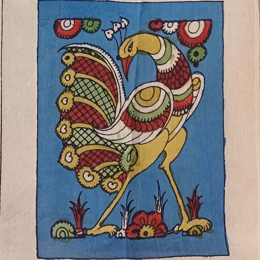 Blue Kalamkari Bangalore Silk fabric piece with placement pattern and border detail
