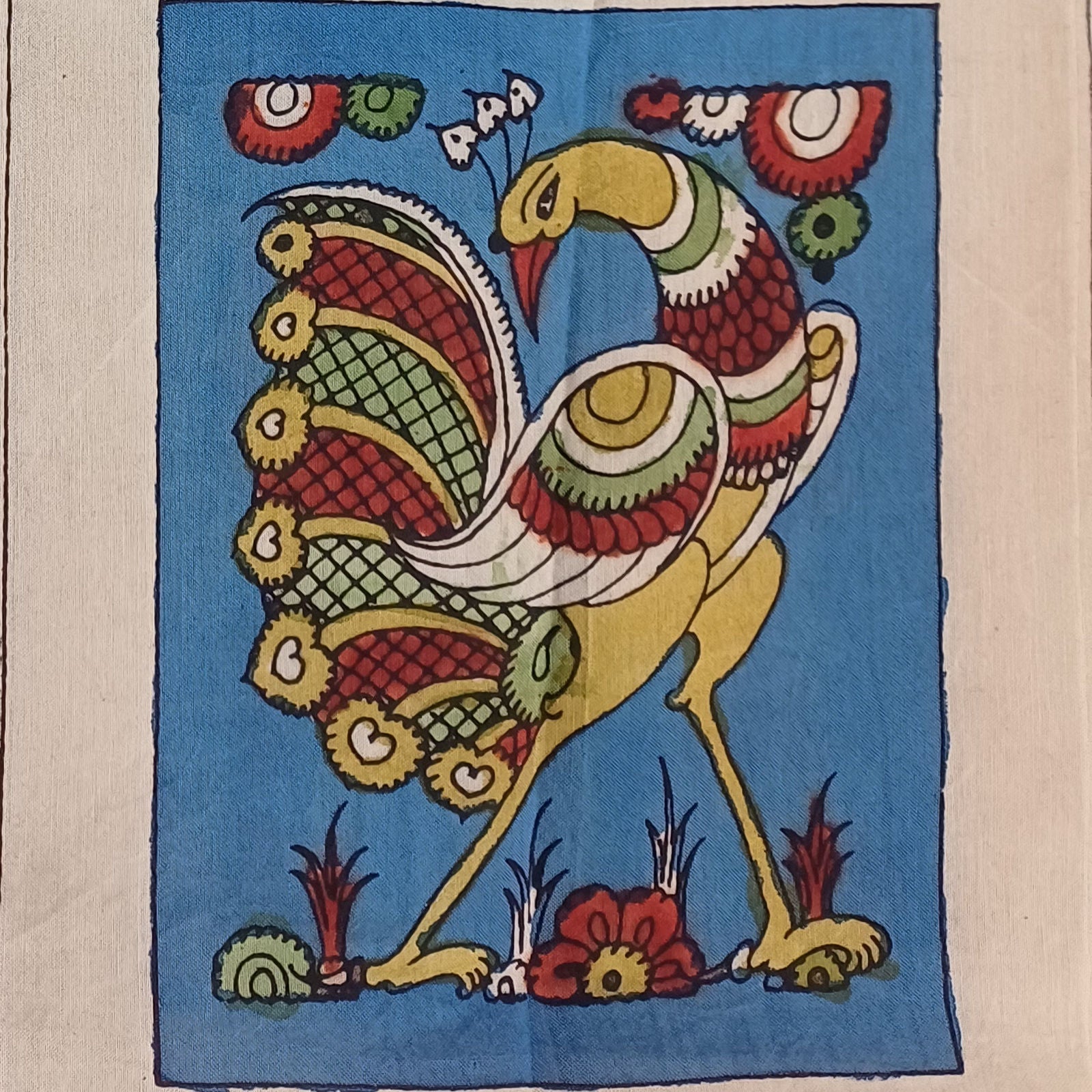 Blue Kalamkari Bangalore Silk fabric piece with placement pattern and border detail