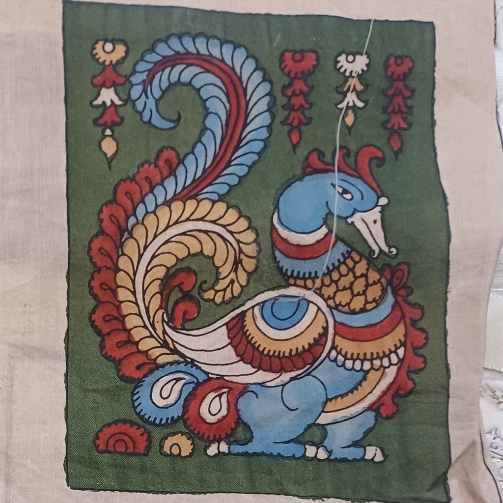 Green Kalamkari Bangalore Silk fabric piece with border