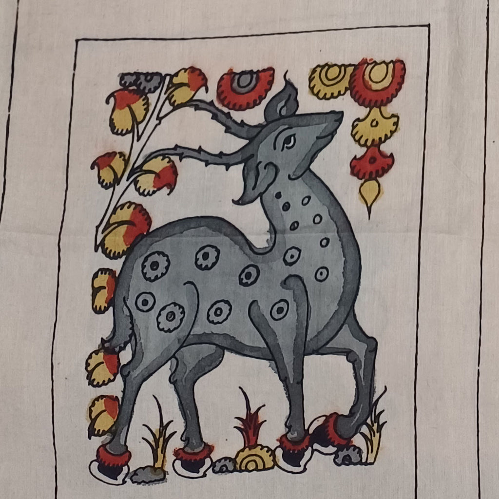 Grey Kalamkari Bangalore Silk fabric piece with placement pattern and border detail