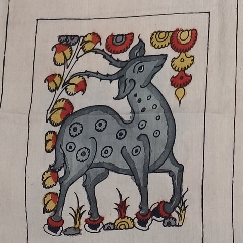 Grey Kalamkari Bangalore Silk fabric piece with placement pattern and border detail