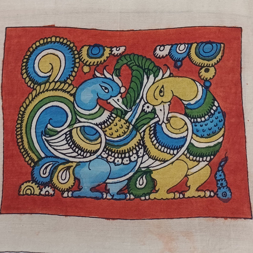 Red Kalamkari Bangalore Silk fabric piece with figurative pattern and border detail