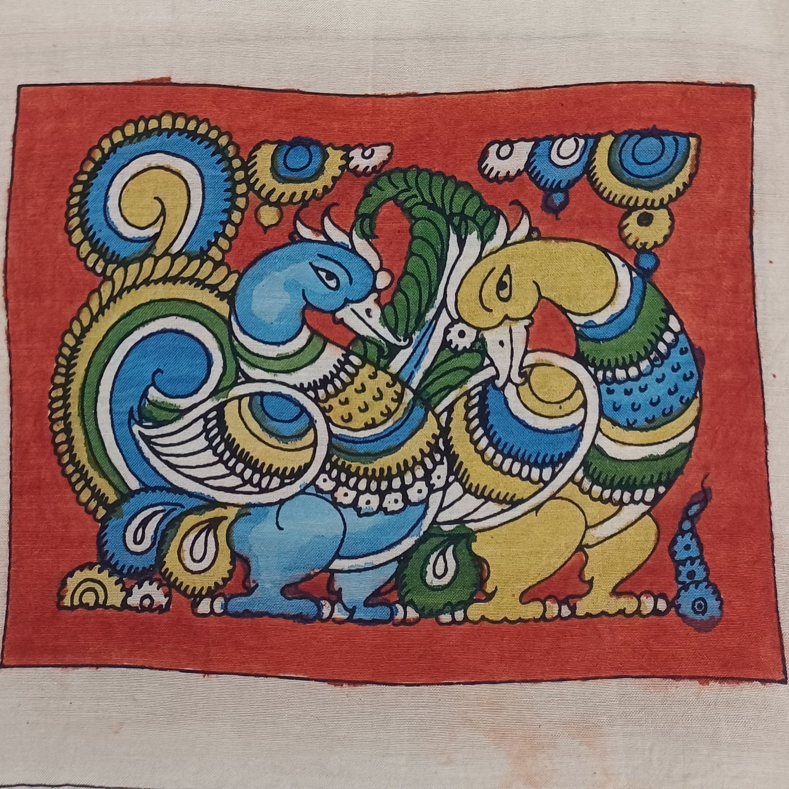 Red Kalamkari Bangalore Silk fabric piece with figurative pattern and border detail