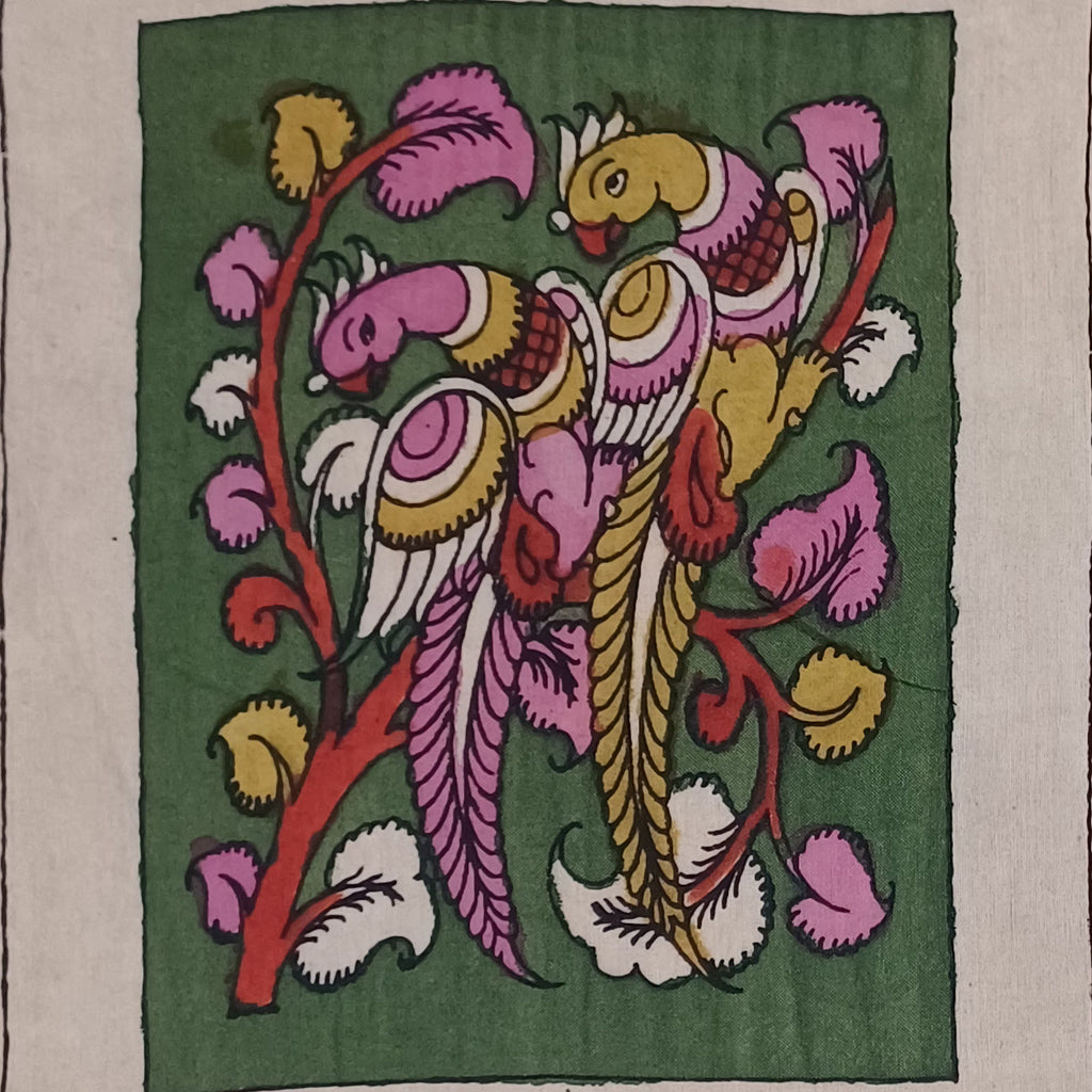 Green Kalamkari Bangalore Silk fabric piece with placement pattern and border