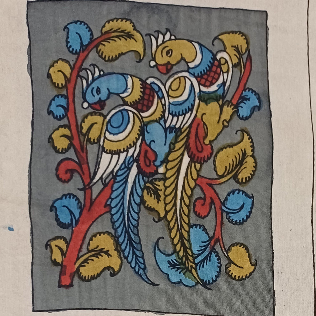 Grey Kalamkari Bangalore Silk fabric piece with placement pattern and border