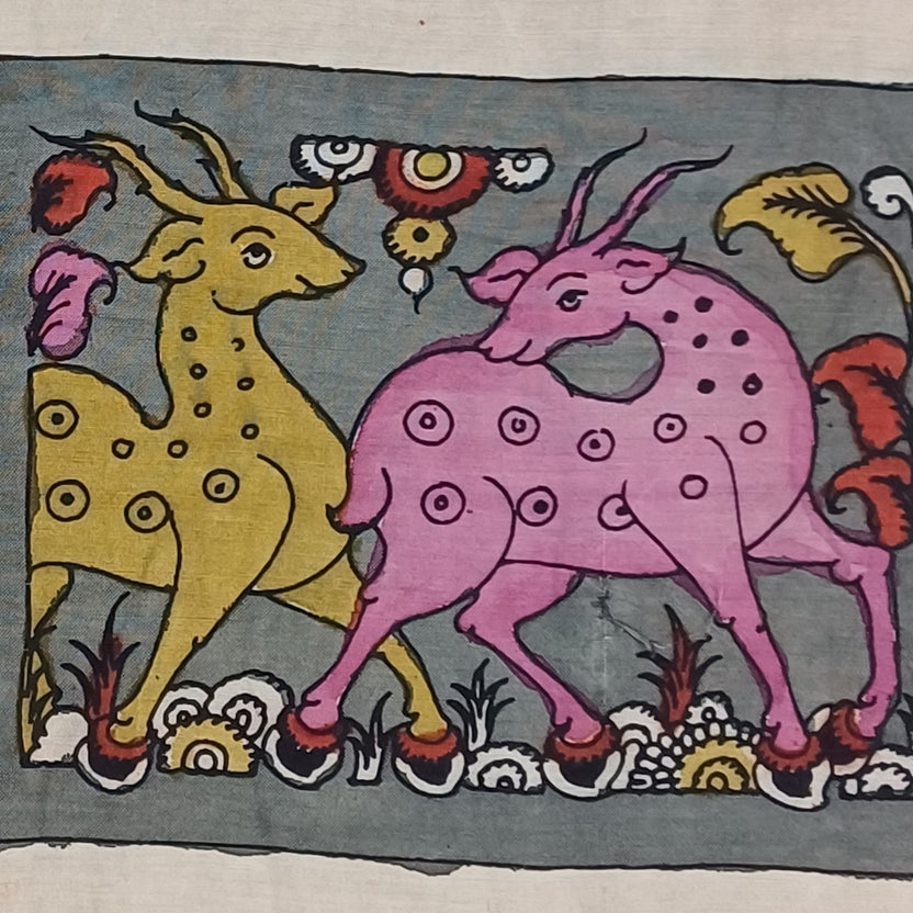 Multicolor Kalamkari Bangalore Silk fabric piece with placement pattern and border detail
