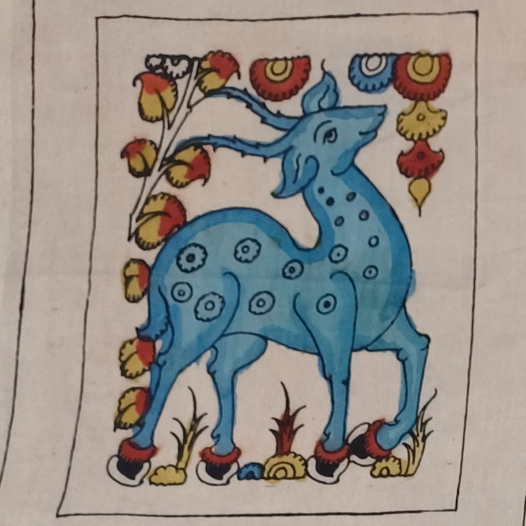 Blue Kalamkari Bangalore Silk fabric piece with figurative design and border