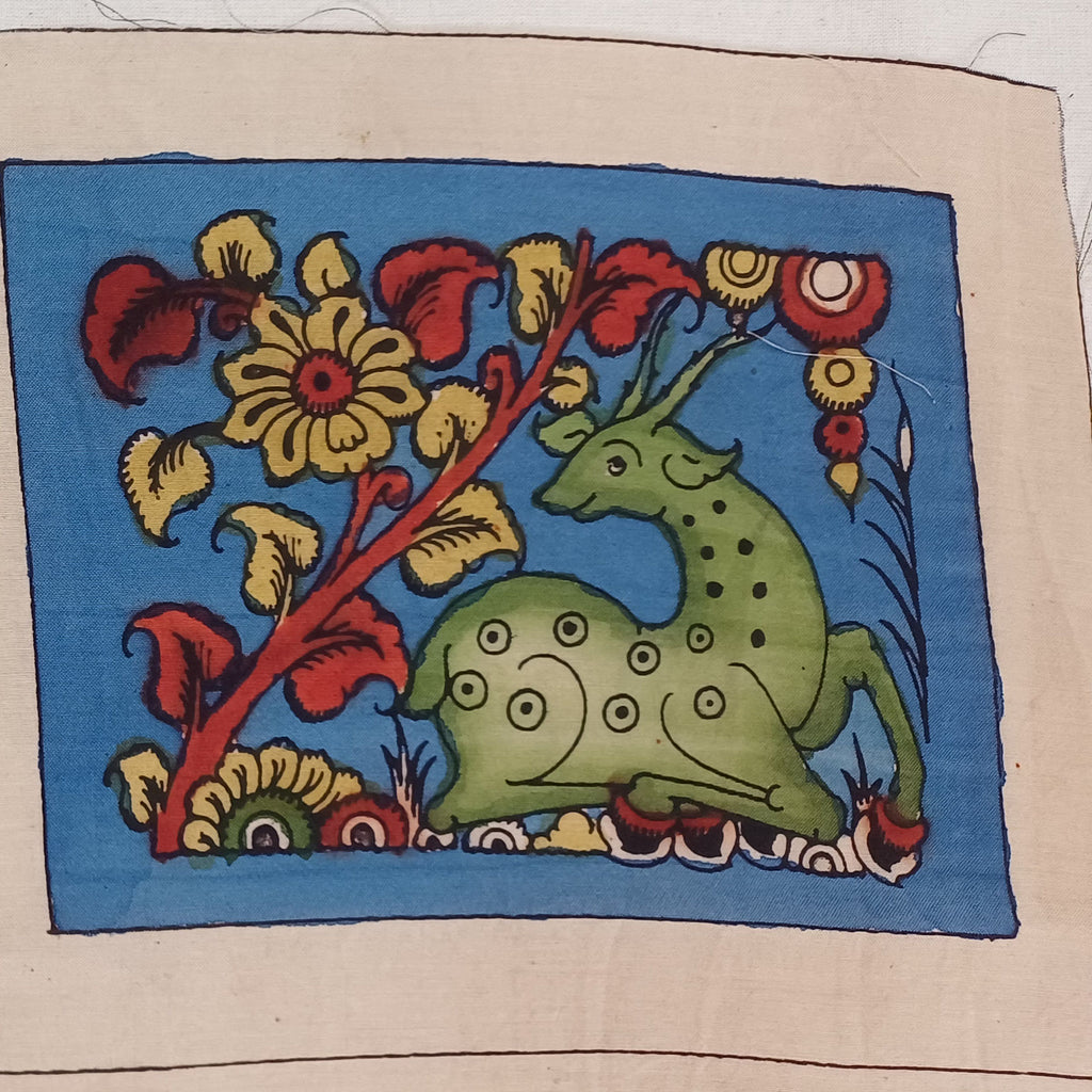 Blue Kalamkari silk cloth patch with placement pattern and border