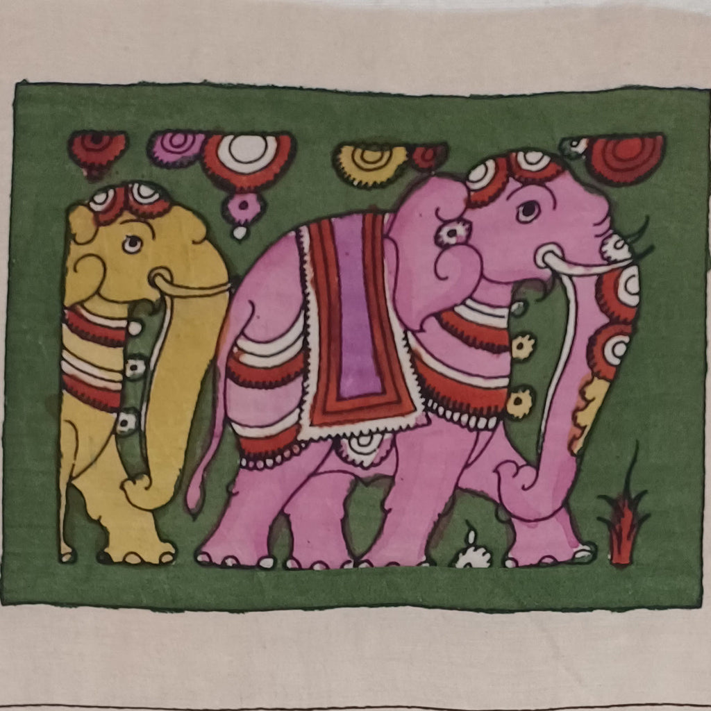 Green Kalamkari silk fabric piece with a figurative figurative design and border