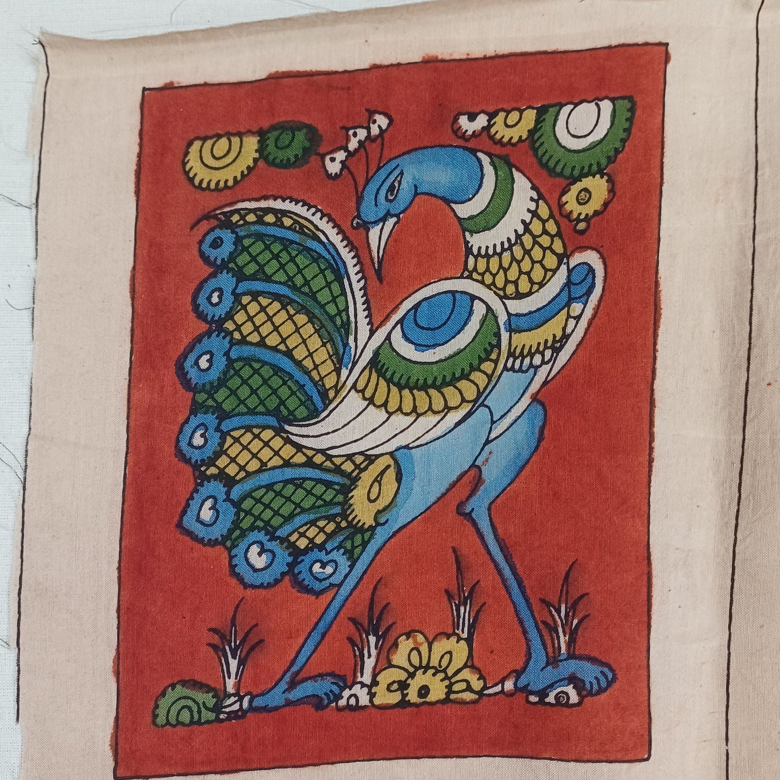 Red Kalamkari Bangalore Silk fabric piece with a figurative pattern and border detail