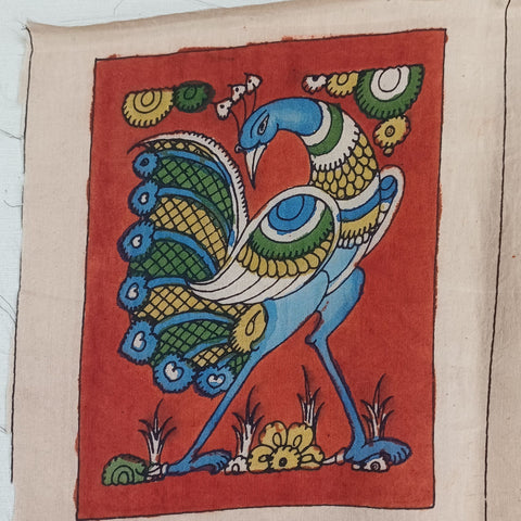 Red Kalamkari Bangalore Silk fabric piece with a figurative pattern and border detail