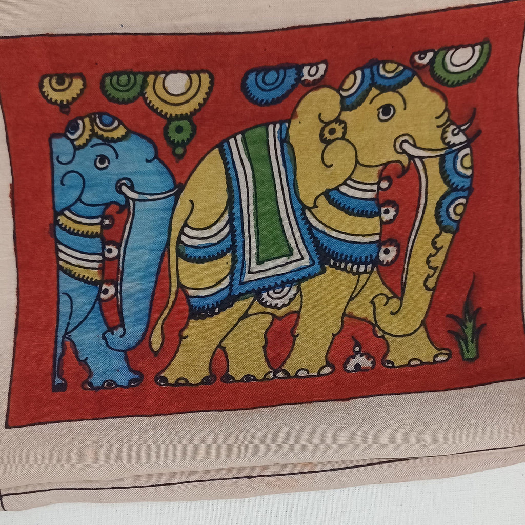 Red Kalamkari Bangalore Silk fabric piece with figurative pattern and border