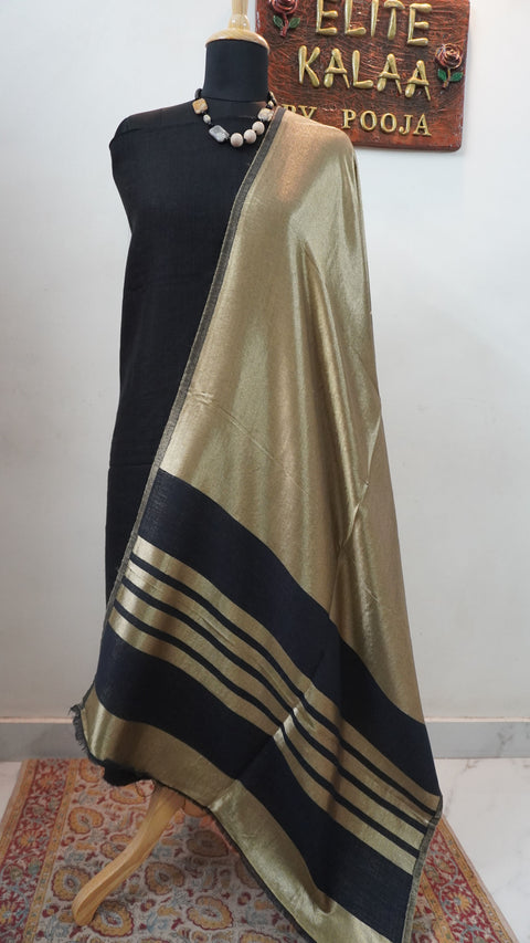 Black fine wool reversible stole with zari and striped detailing near the ends
