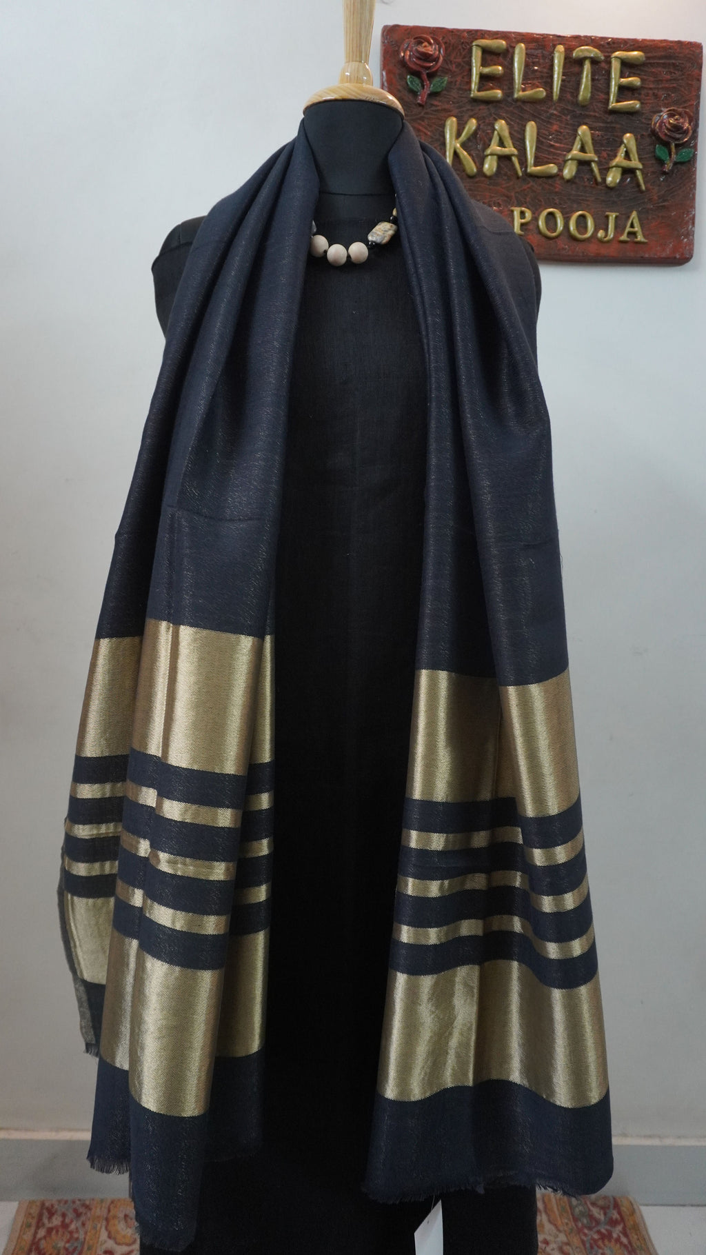 Black fine wool reversible stole with zari and striped detailing near the ends